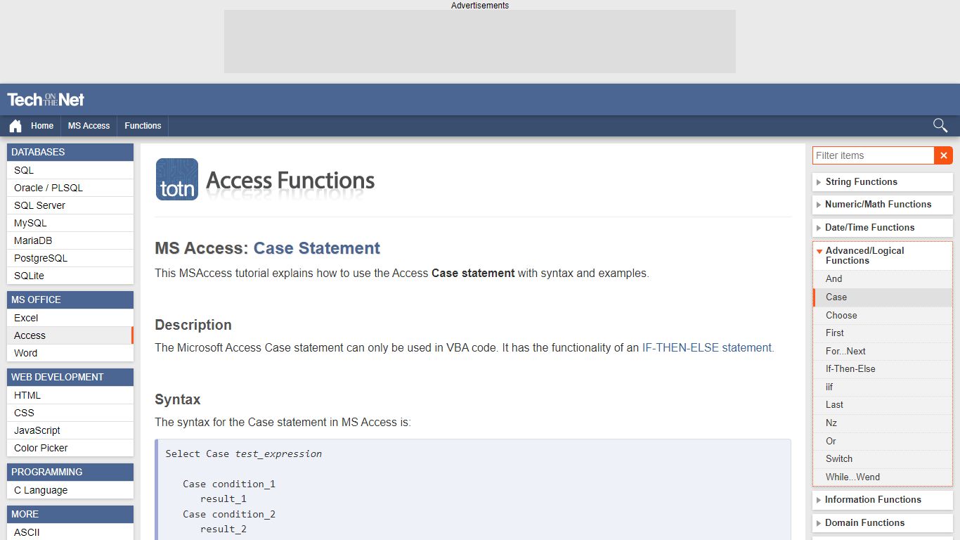 MS Access: Case Statement - TechOnTheNet